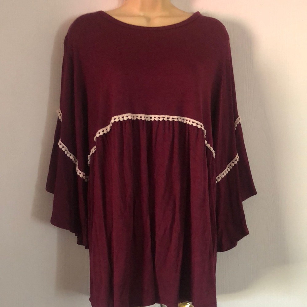 Women's Burgundy peasant spring stretchy boho Top with Lace Trim bell Sleeves